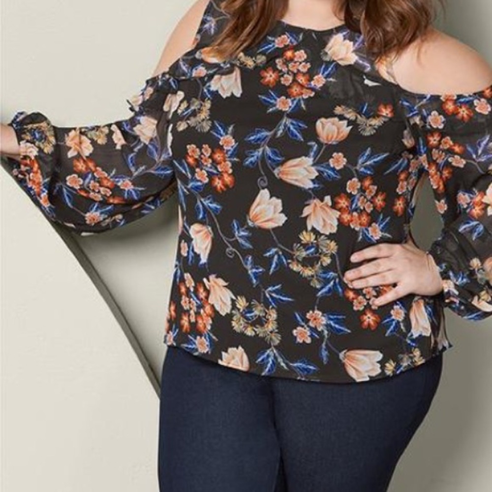 Cold shoulder sheer sleeve floral blouse